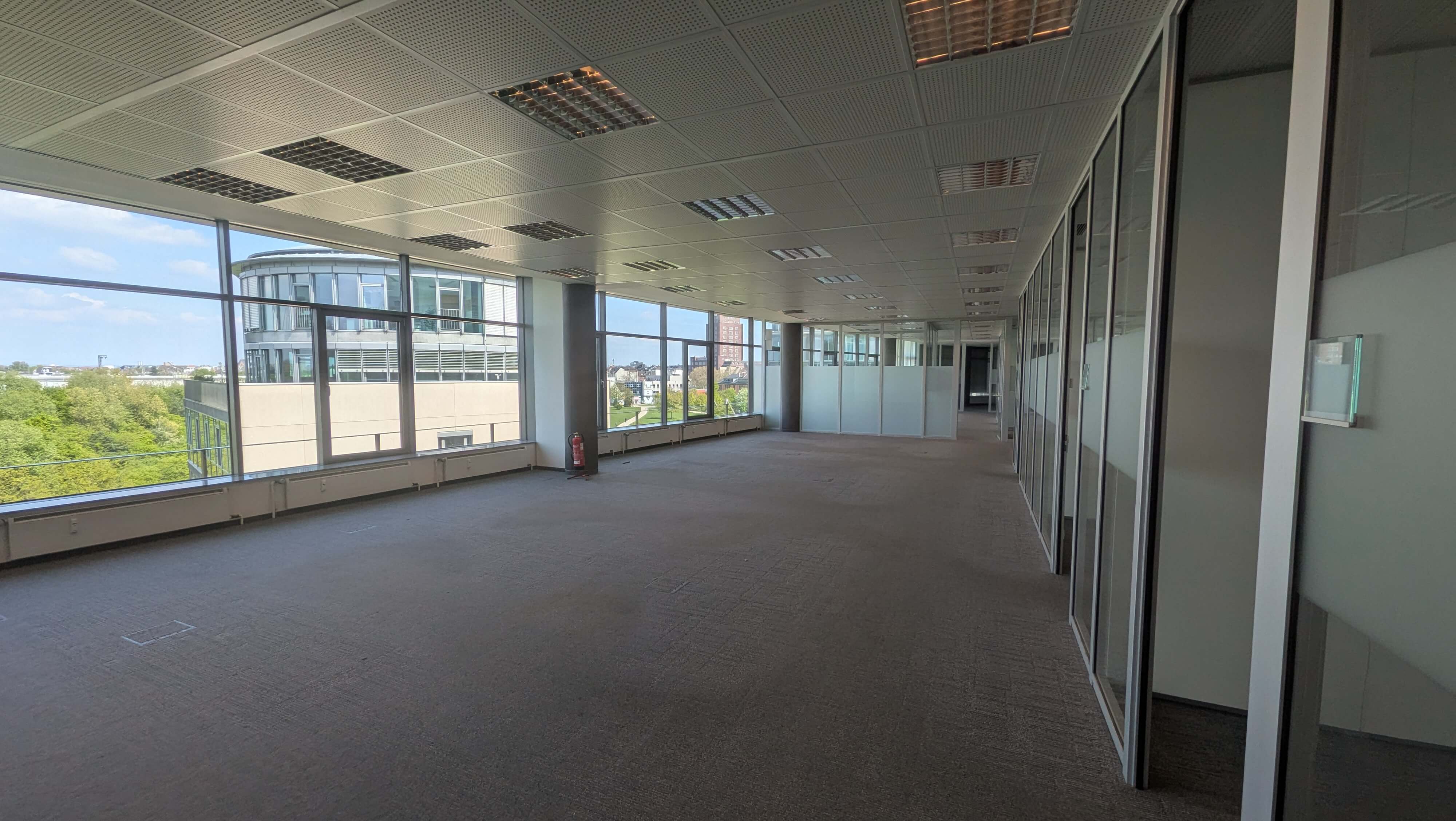 Großzügige, moderne Bürofläche im 3. OG des Mediapark 5 Köln mit Glaswandsystemen und direktem Parkblick